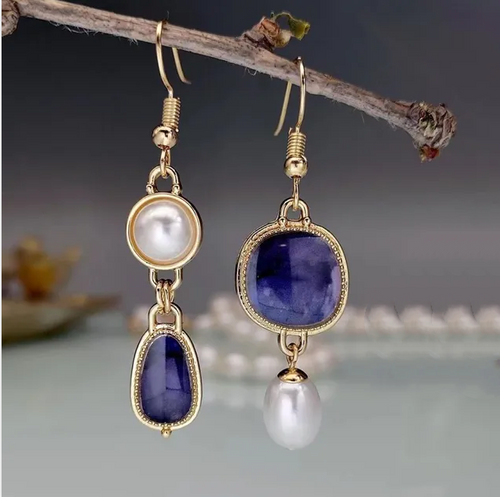 Silvia - Vintage Pearl and Blue Stone Earrings